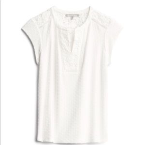 Chrochet Detailed Split Neck Cotton Blend Knit Top